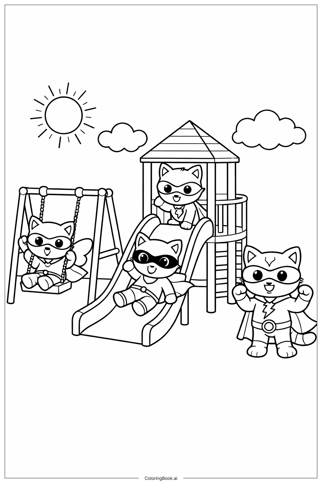  Página para colorear de Super Gatitos en el Parque 