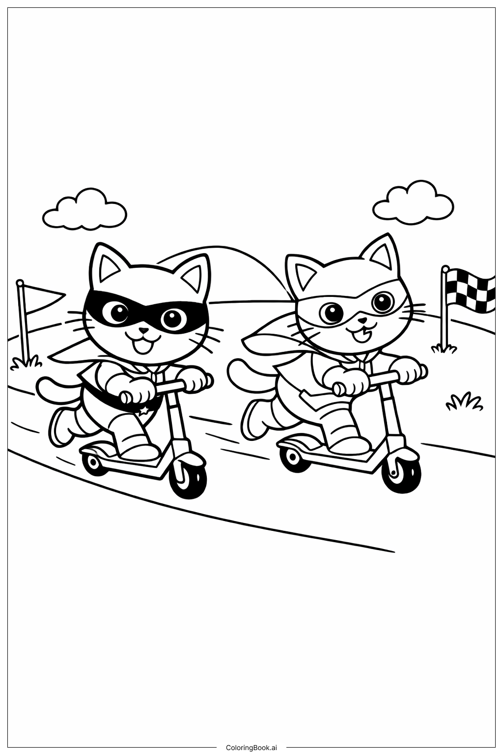  Página para colorear de Super Gatitos en la Carrera de Scooters 