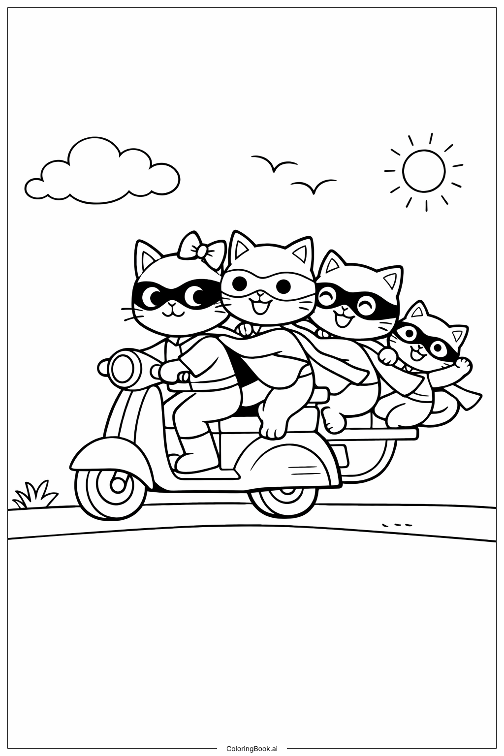  Página para colorear de Super Gatitos Paseando en Scooter 