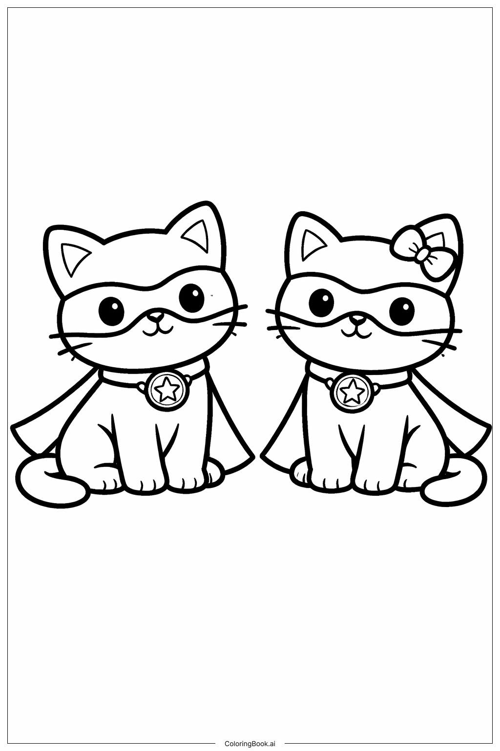  Página para colorear de Super Gatitos Sentados Juntos 