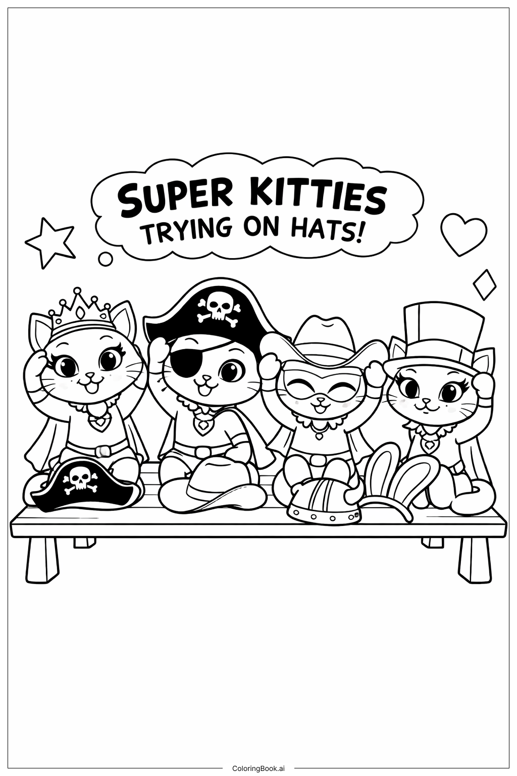  Página para colorear de Super Gatitos con Sombreros 