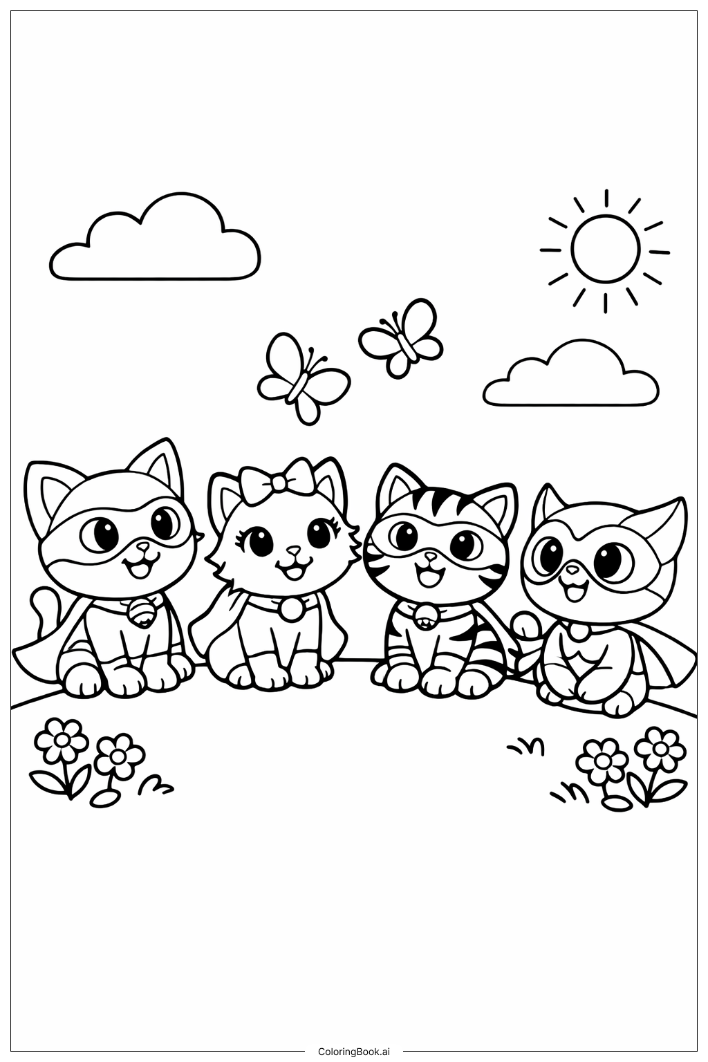  Página para colorear de Super Gatitos con Mariposas 