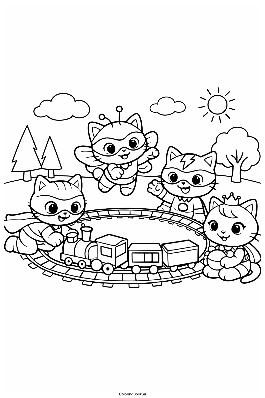  Página para colorear de Super Gatitos con Tren de Juguete 