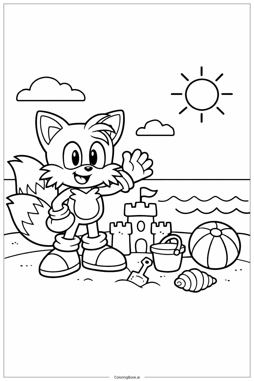  Page de coloriage Tails sur la plage 