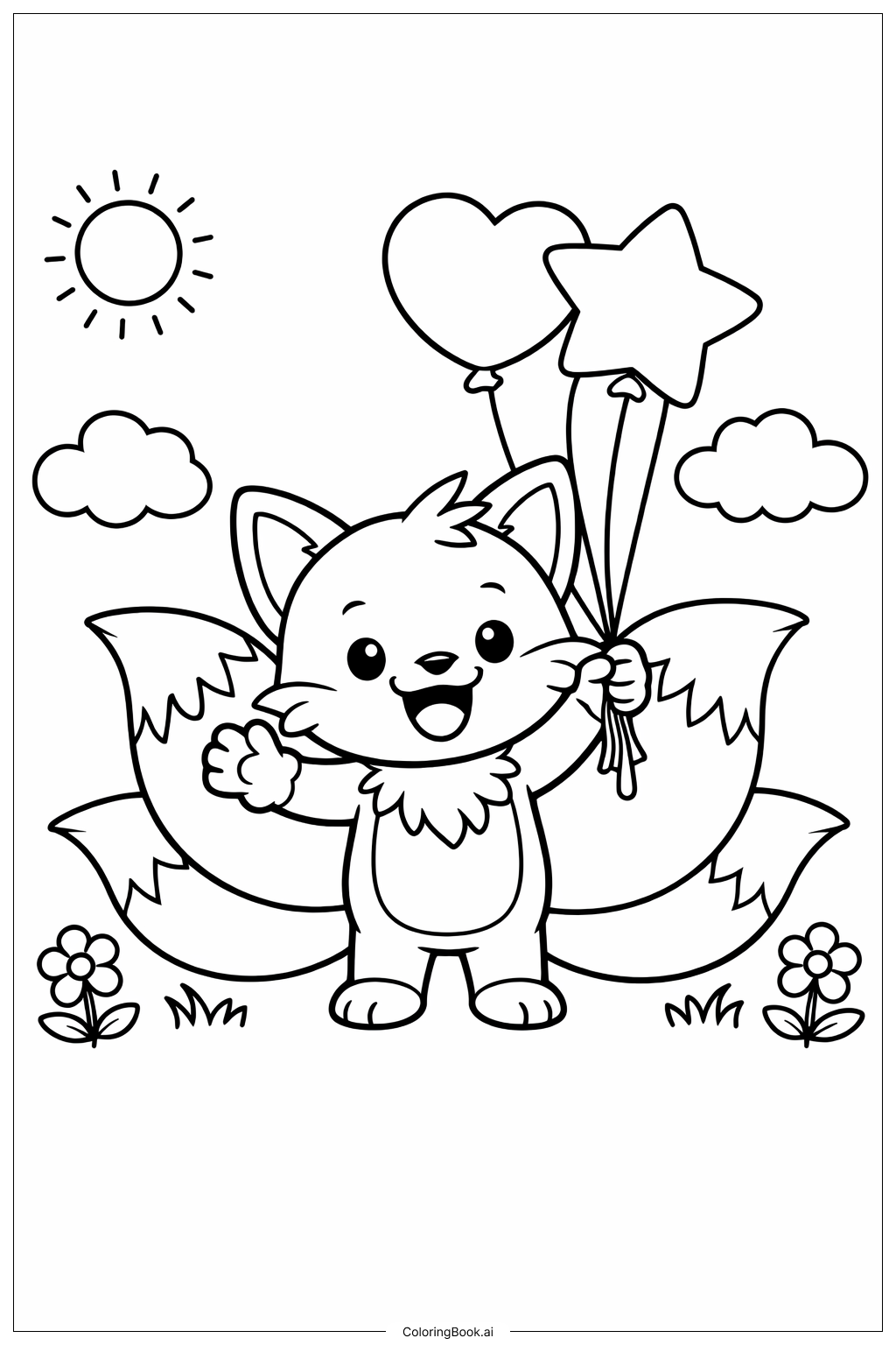  Page de coloriage Renard avec des ballons 