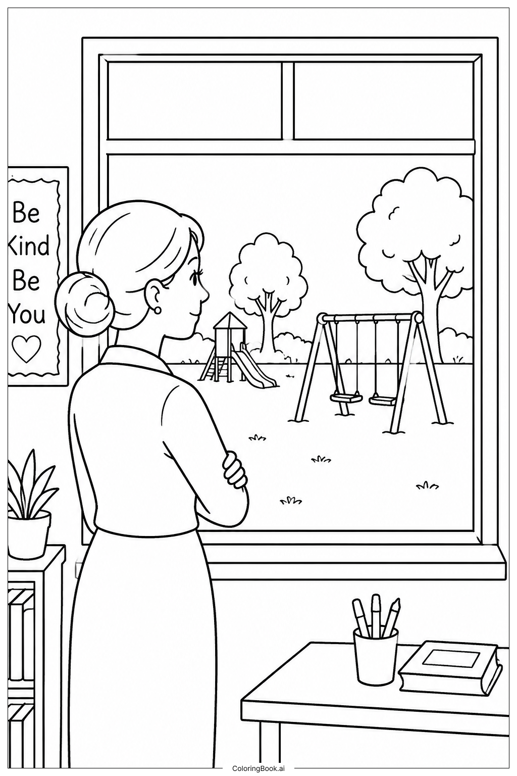  Lehrerin-Dankbarkeit mit Fensterblick Ausmalseite 