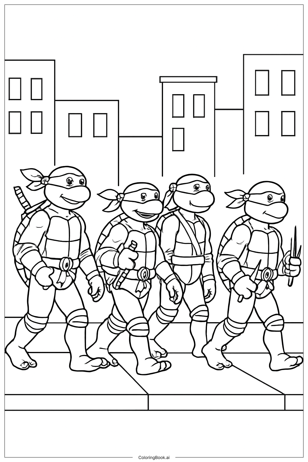  ミュータントタートルズの街中散歩の塗り絵ページ 