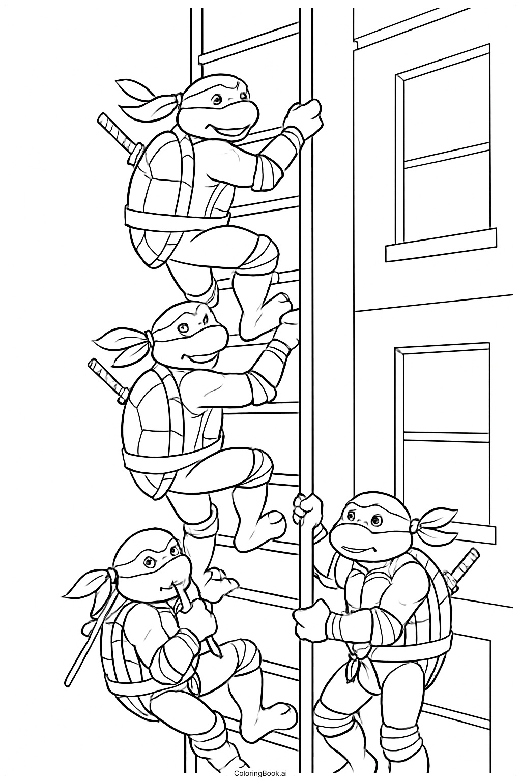  ティーンエイジ・ミュータント・ニンジャ・タートルズのはしご登りの塗り絵ページ 