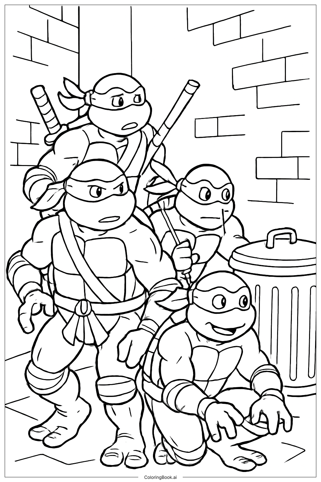  ティーンエイジ・ミュータント・ニンジャ・タートルズの路地裏探検の塗り絵ページ 