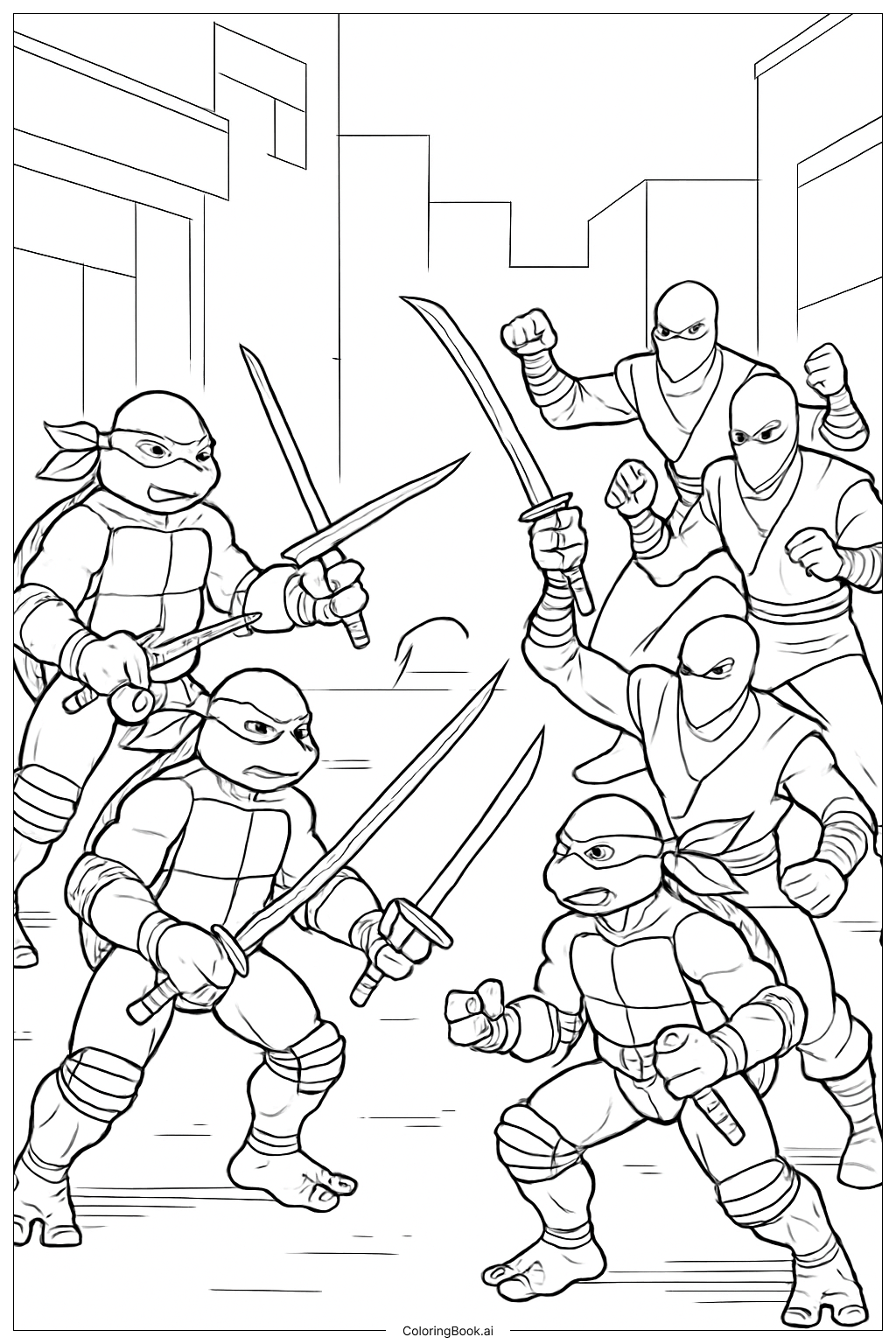  ティーンエイジ・ミュータント・ニンジャ・タートルズ対フットクラウンの塗り絵ページ 