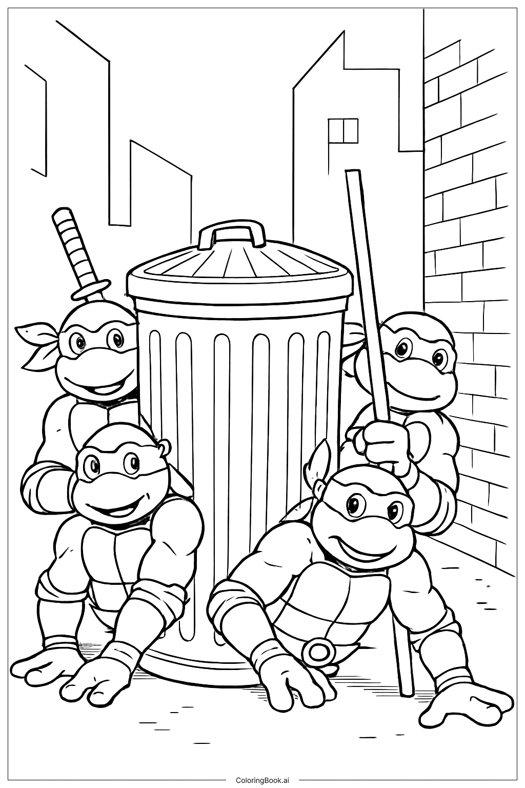 ゴミ箱の後ろに隠れるミュータント・ニンジャ・タートルズ