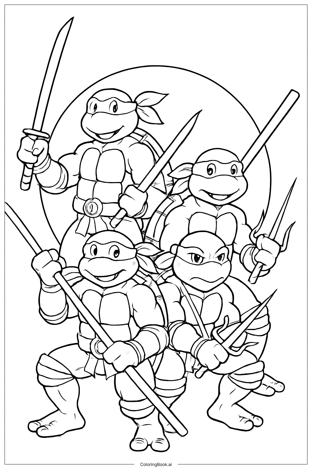  武器を持ち準備万端のティーンエイジ・ミュータント・ニンジャ・タートルズの塗り絵ページ 