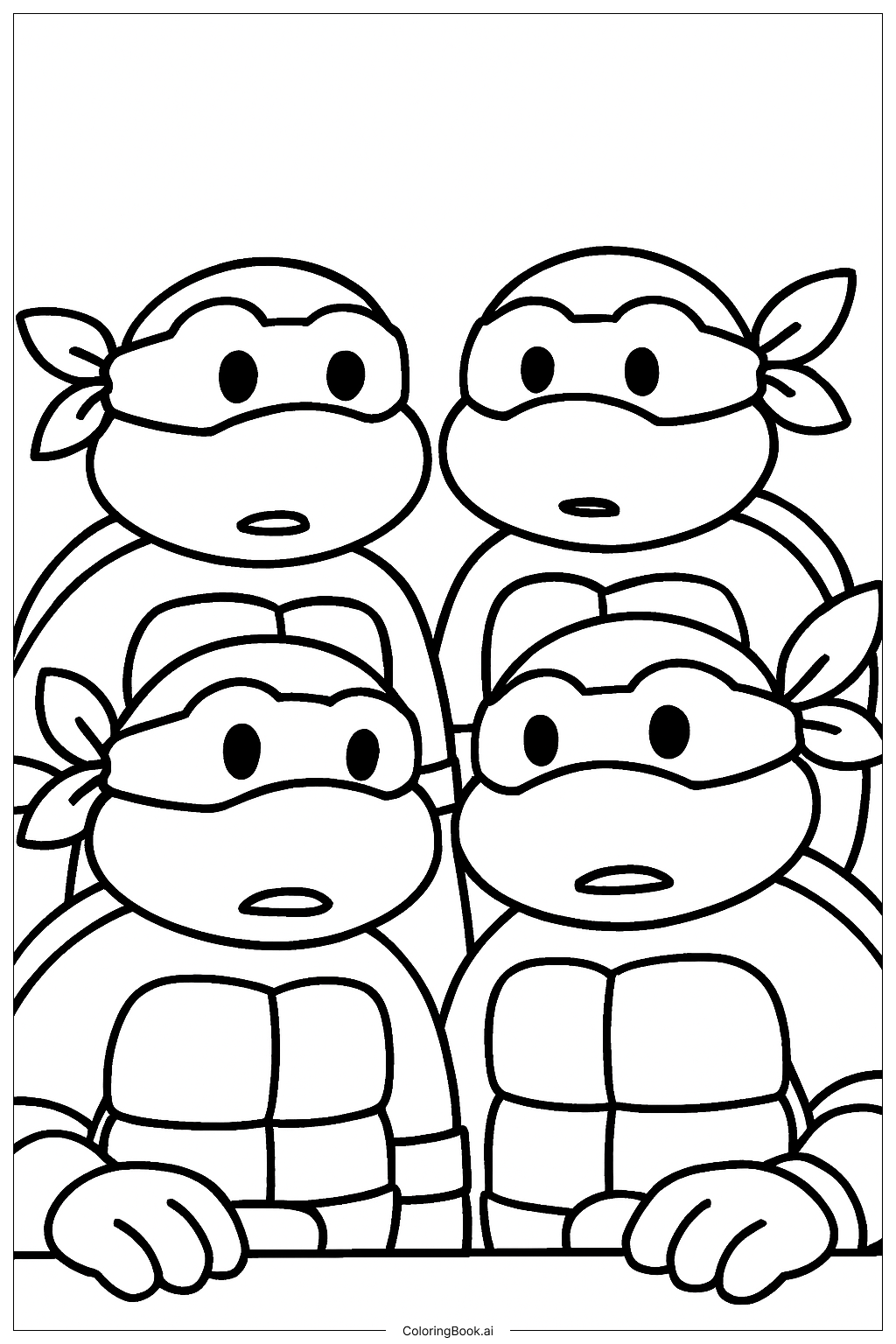  好奇そうに見つめるミュータント・ニンジャ・タートルズの塗り絵ページ 