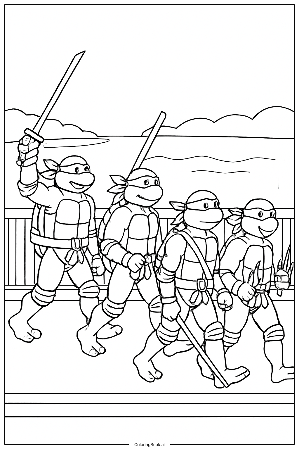 橋を渡るティーンエイジ・ミュータント・ニンジャ・タートルズ