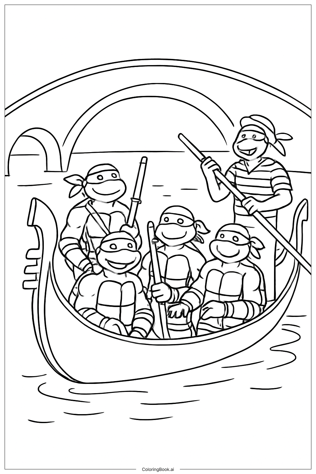  ゴンドラの乗船中のティーンエイジ・ミュータント・ニンジャ・タートルズの塗り絵ページ 