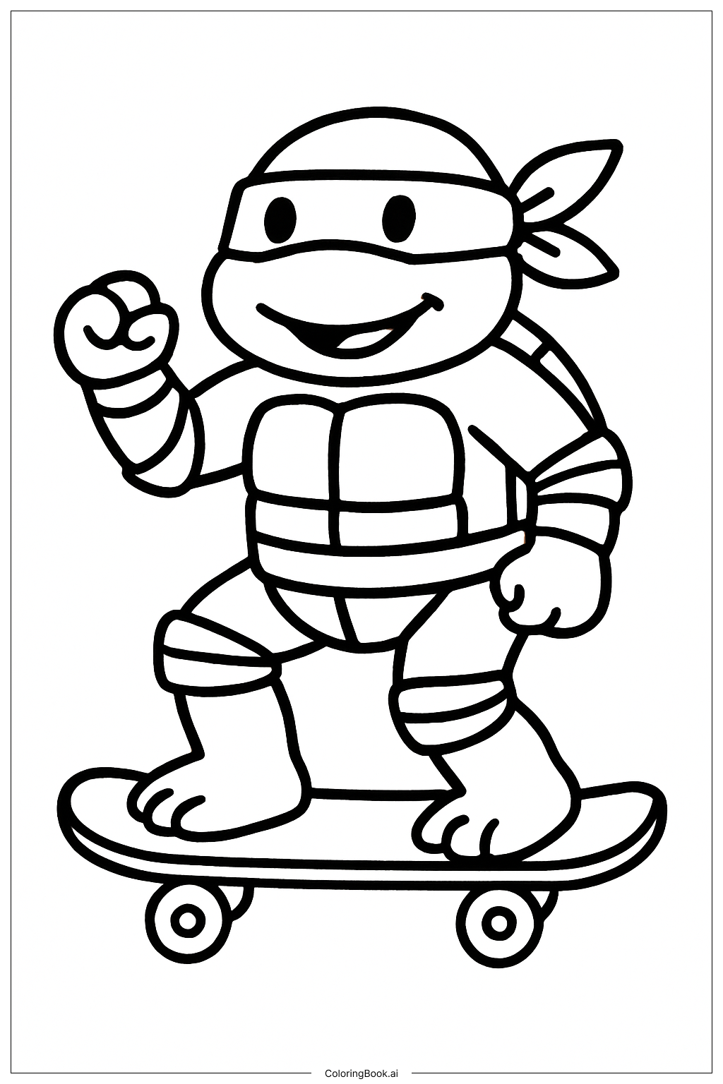  小さなスケートボードに乗ったティーンエイジ・ミュータント・ニンジャ・タートルズの塗り絵ページ 