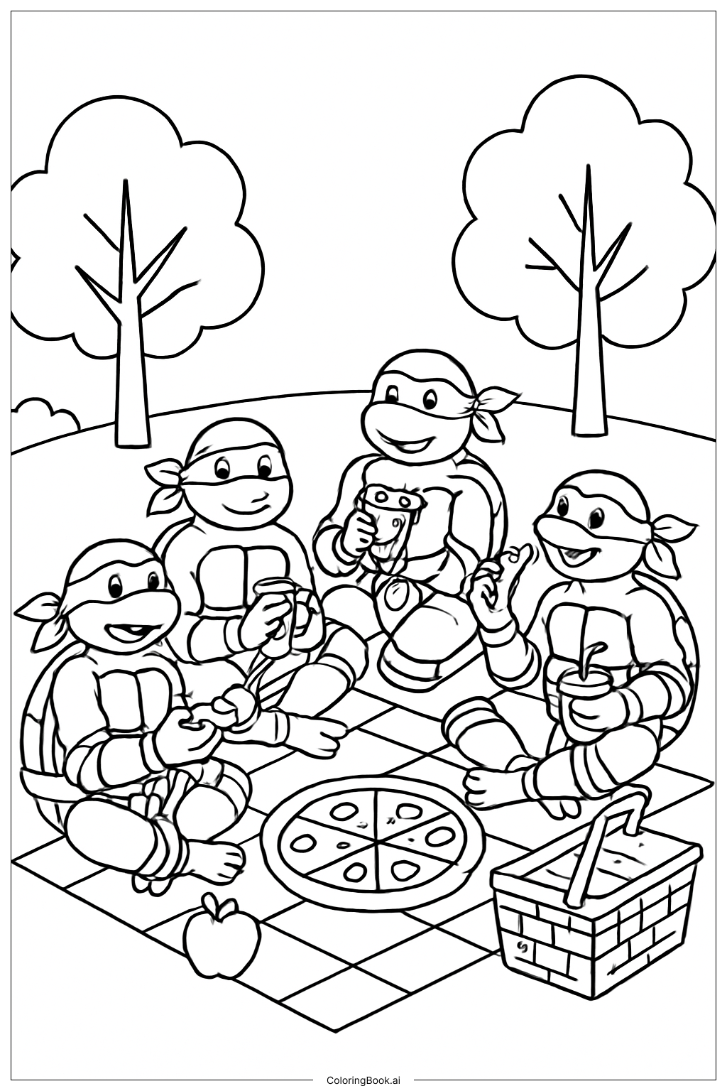  ティーンエイジ・ミュータント・ニンジャ・タートルズの公園ピクニックの塗り絵ページ 