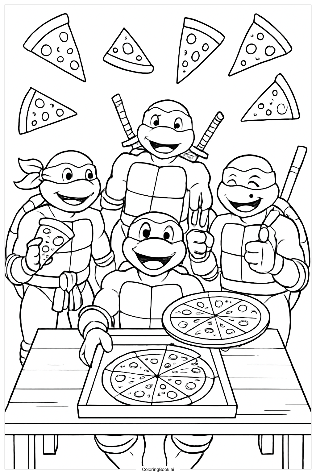  ティーンエイジ・ミュータント・ニンジャ・タートルズのピザパーティーシーンの塗り絵ページ 