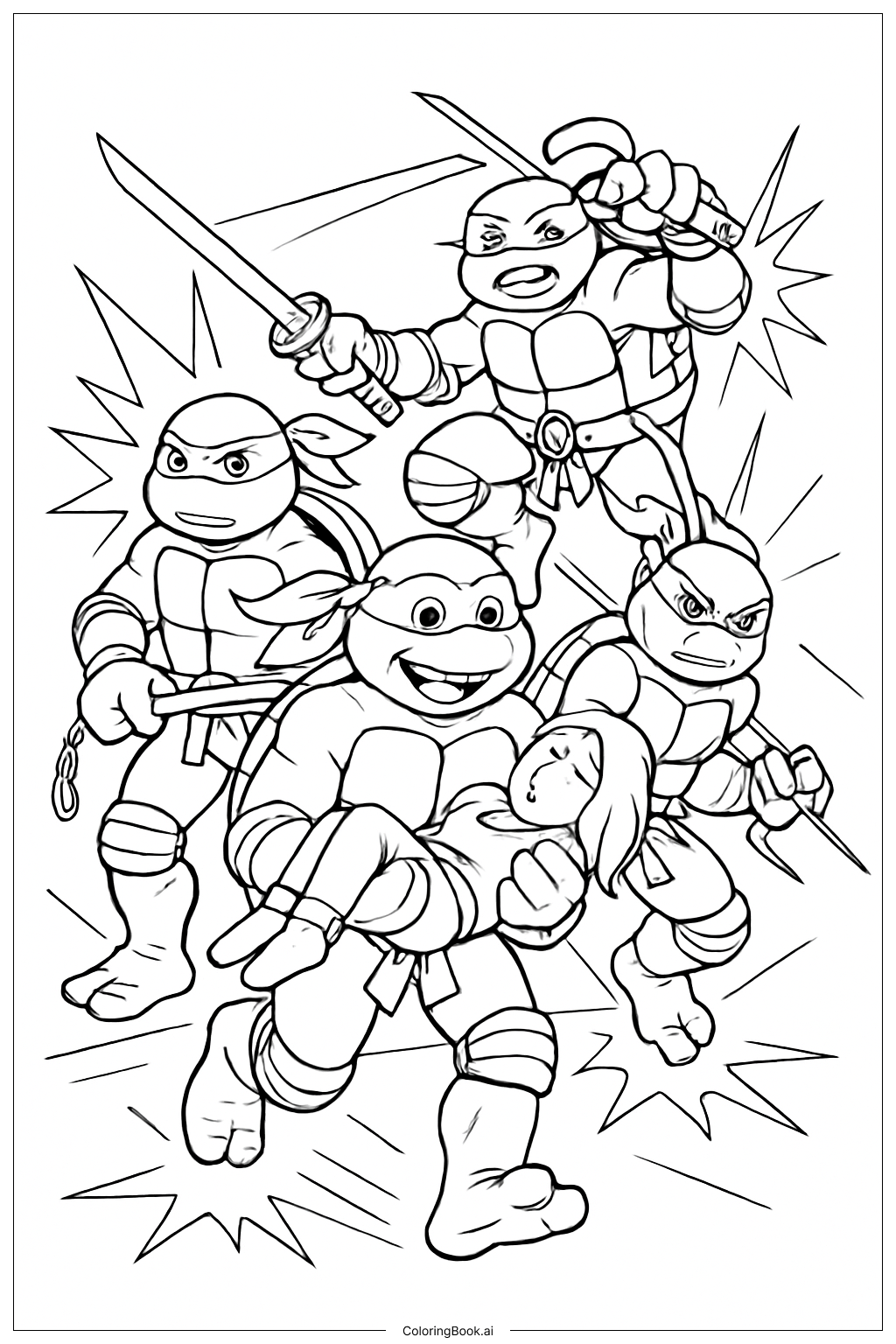  ミュータント・ニンジャ・タートルズ レスキューミッション ポーズの塗り絵ページ 