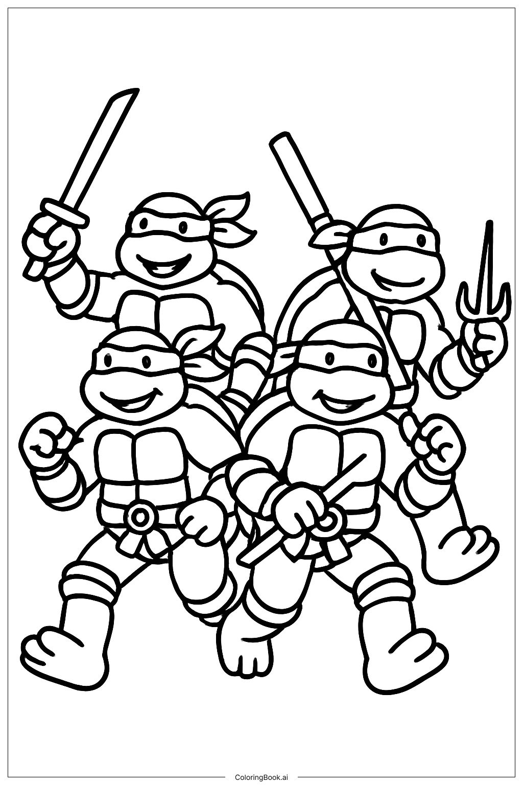  ティーンエイジ・ミュータント・ニンジャ・タートルズが一緒に走るの塗り絵ページ 