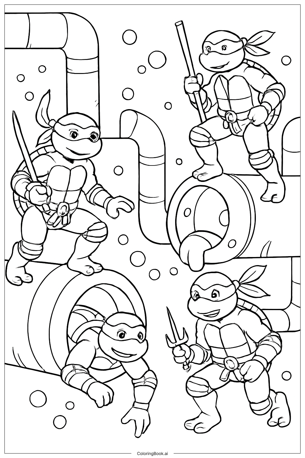  ミュータント・タートルズの下水道パイプ冒険の塗り絵ページ 