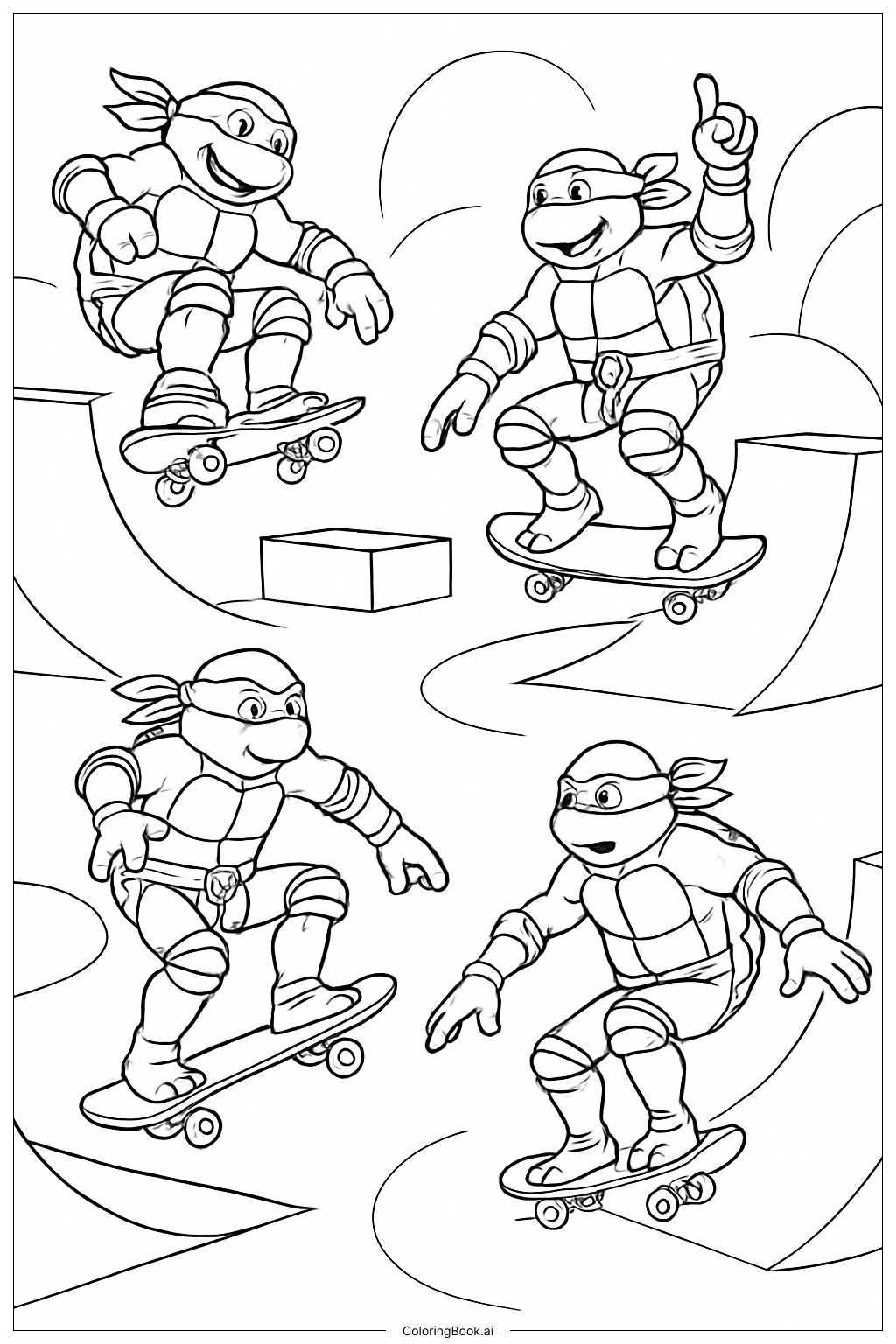  ティーンエイジ・ミュータント・ニンジャ・タートルズ スケートパークトリックの塗り絵ページ 