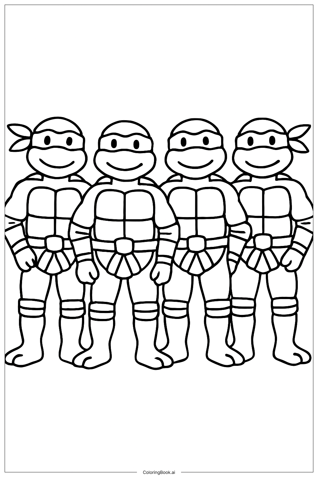  ティーンエイジ・ミュータント・ニンジャ・タートルズ 並んで立つの塗り絵ページ 