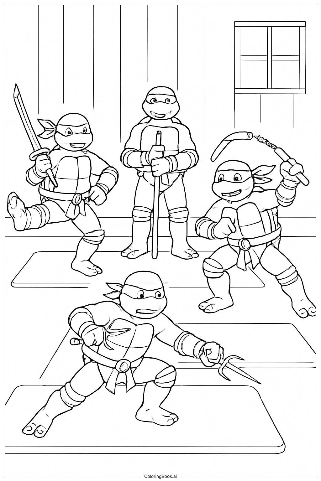  ティーンエイジ・ミュータント・ニンジャ・タートルズ 道場での修行の塗り絵ページ 