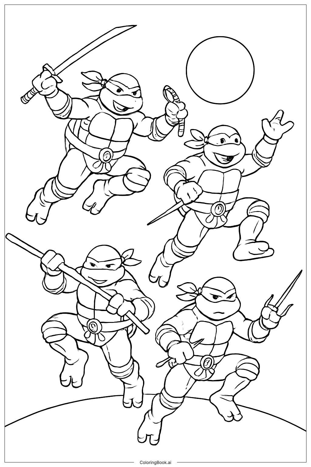  ティーンエイジ・ミュータント・ニンジャ・タートルズ 月明かりジャンプの塗り絵ページ 