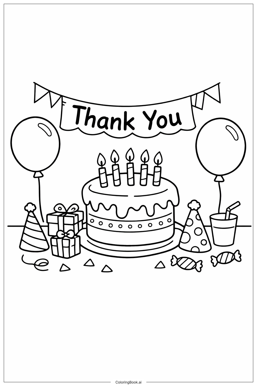  ありがとうバースデーケーキパーティーの塗り絵ページ 