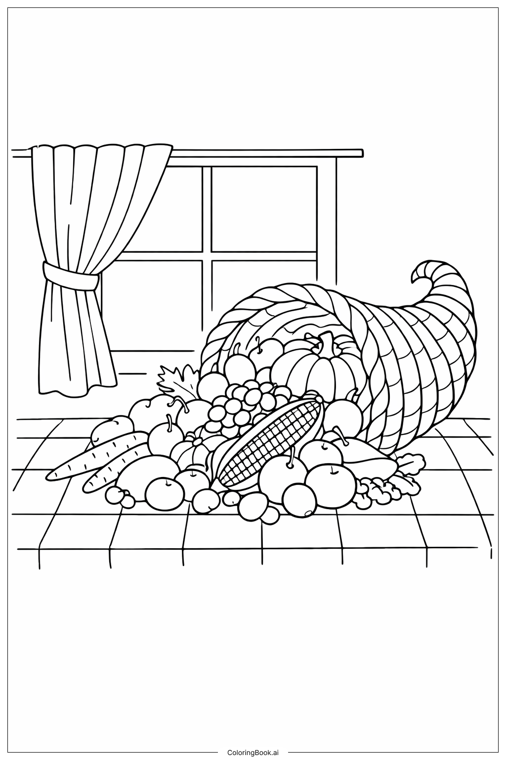 Página para colorear de Mesa de Cornucopia del Día de Acción de Gracias