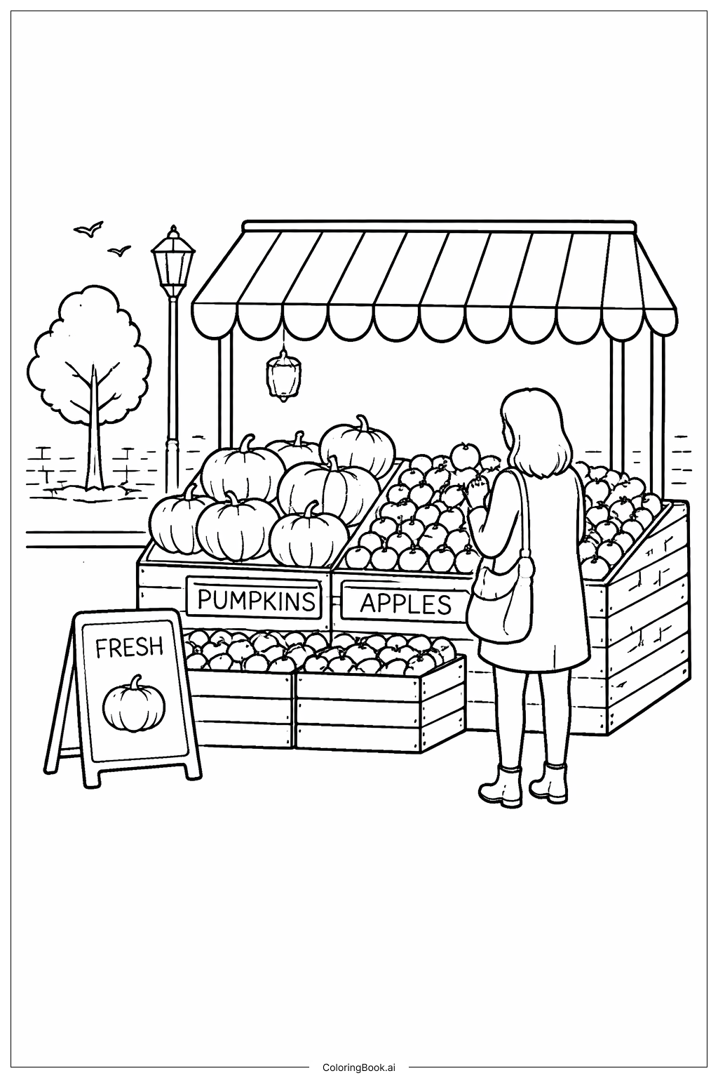 Página para colorear de Puesto de Mercado del Día de Acción de Gracias