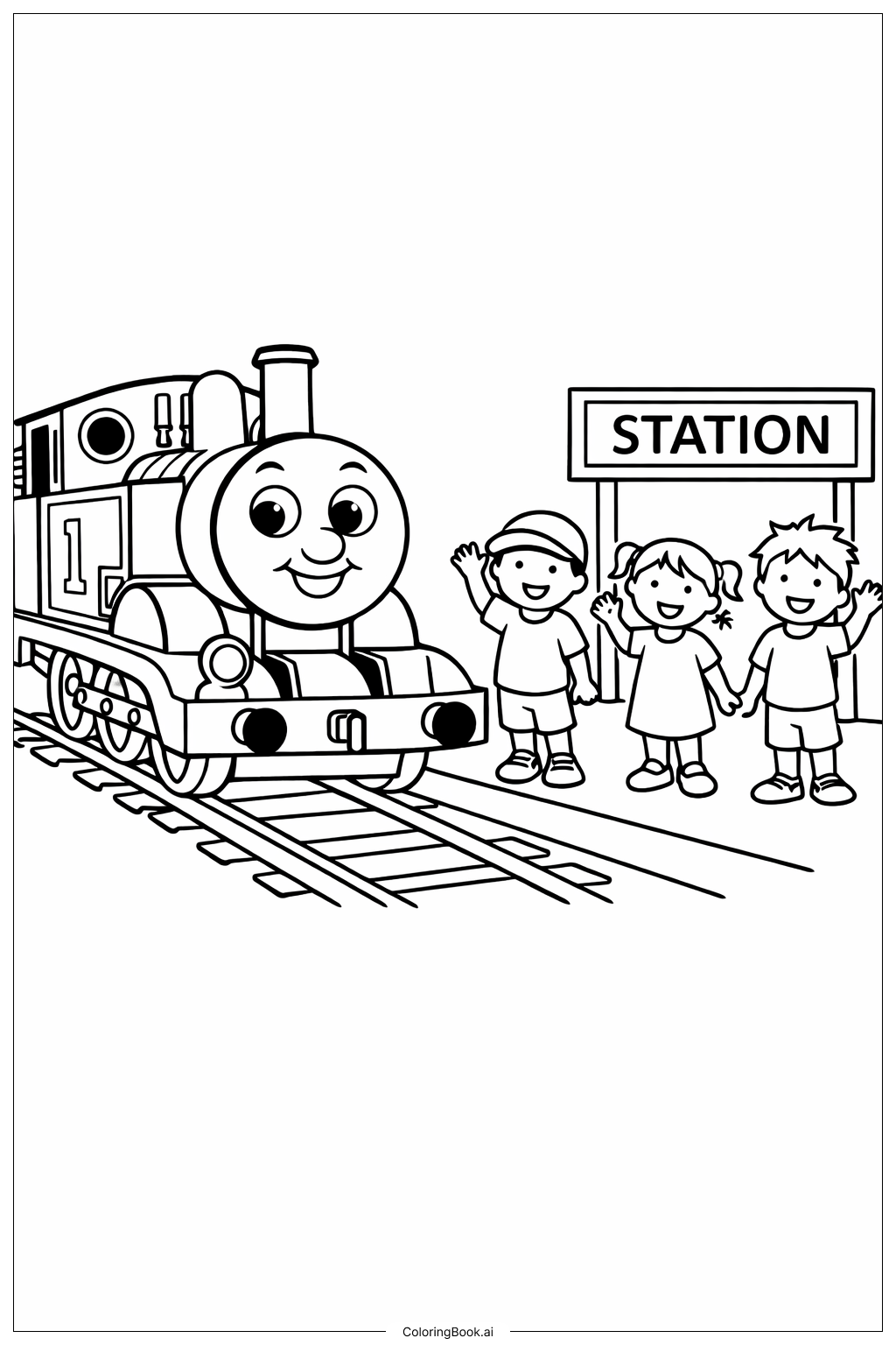  开心儿童和托马斯小火车填色页 