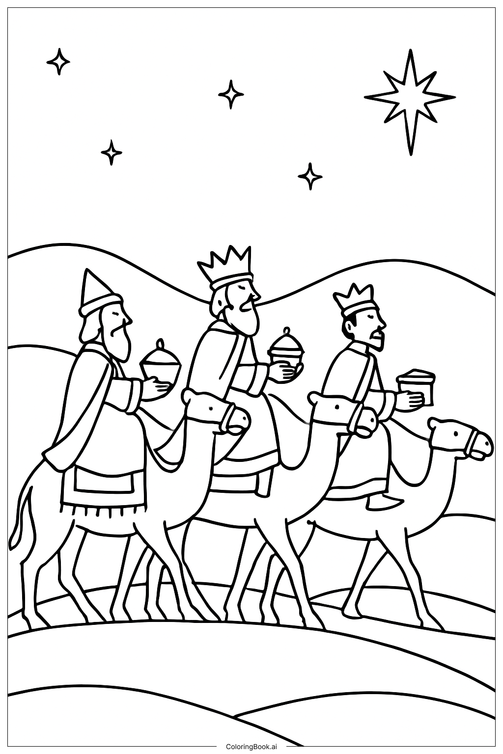 Three Kings Across Rolling Hills Coloring Page