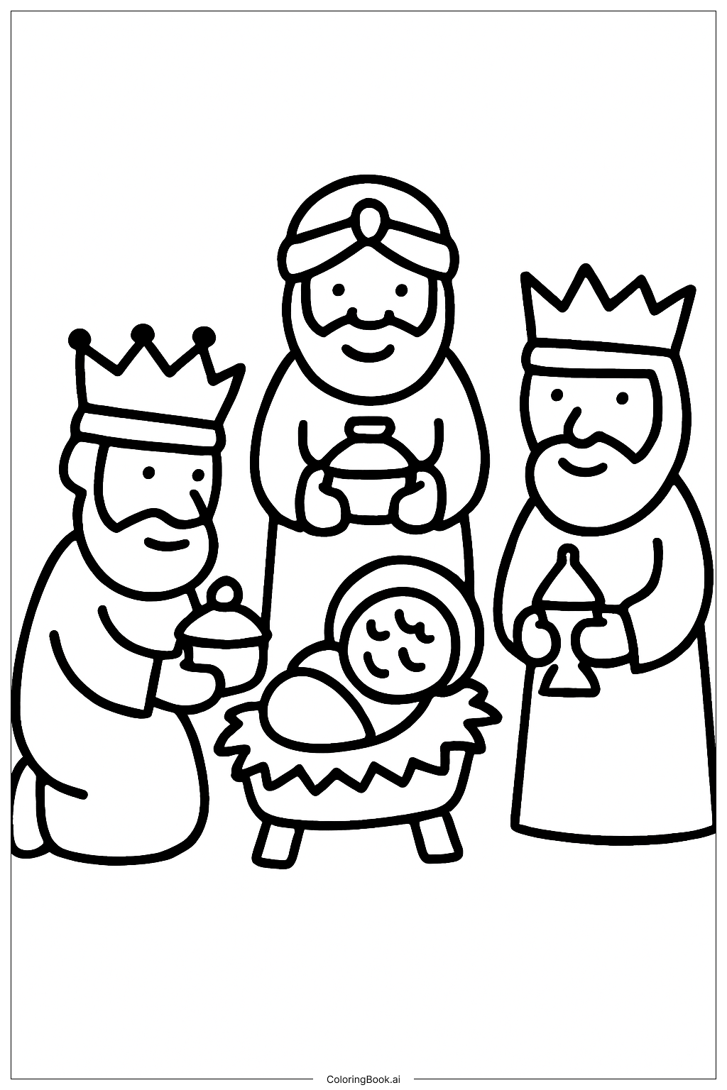 Three Kings Around Manger Coloring Page