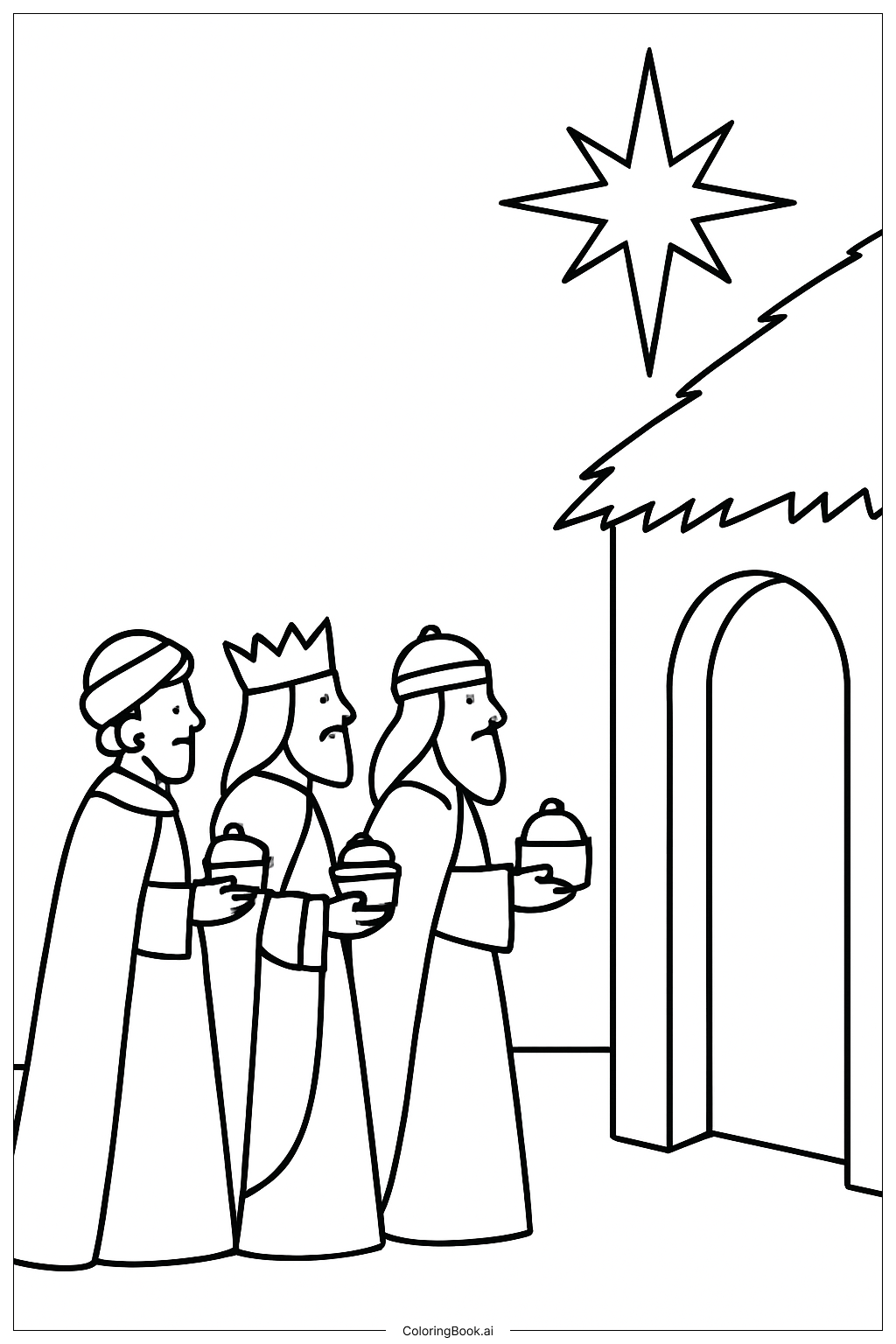 Three Kings Arriving At Stable Coloring Page