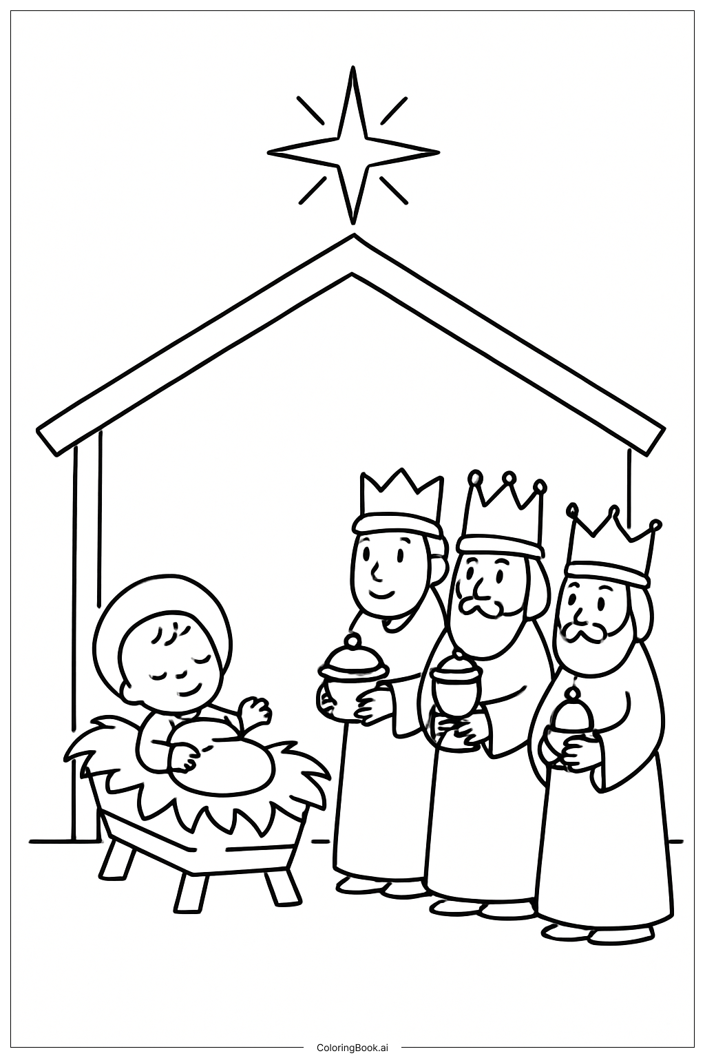 Three Kings Bringing Gifts To Baby Coloring Page