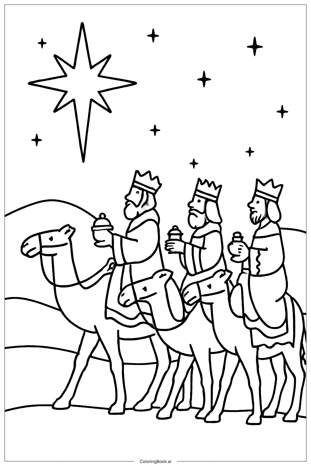 Three Kings Following Bright Star Coloring Page
