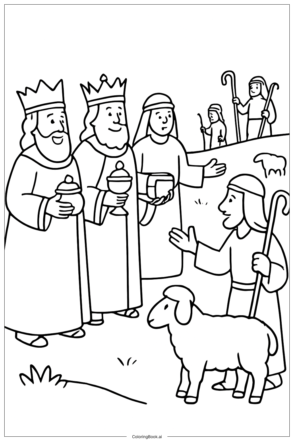 Three Kings Greeting Shepherds Nearby Coloring Page