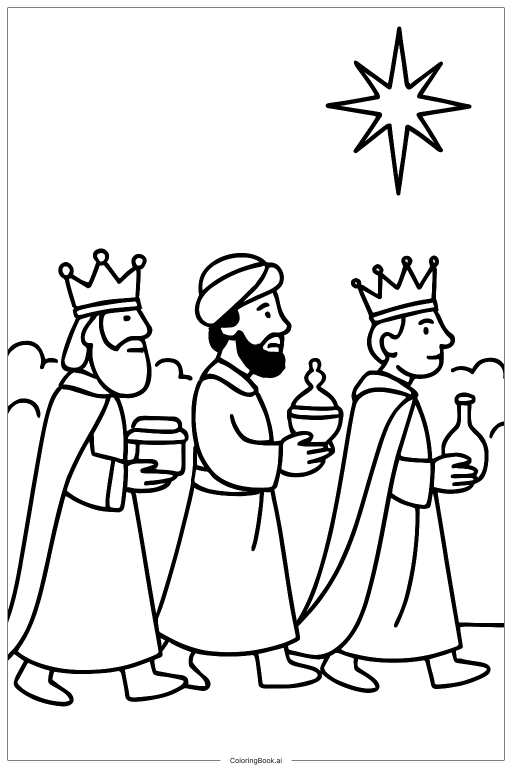 Three Kings In Festive Procession Coloring Page