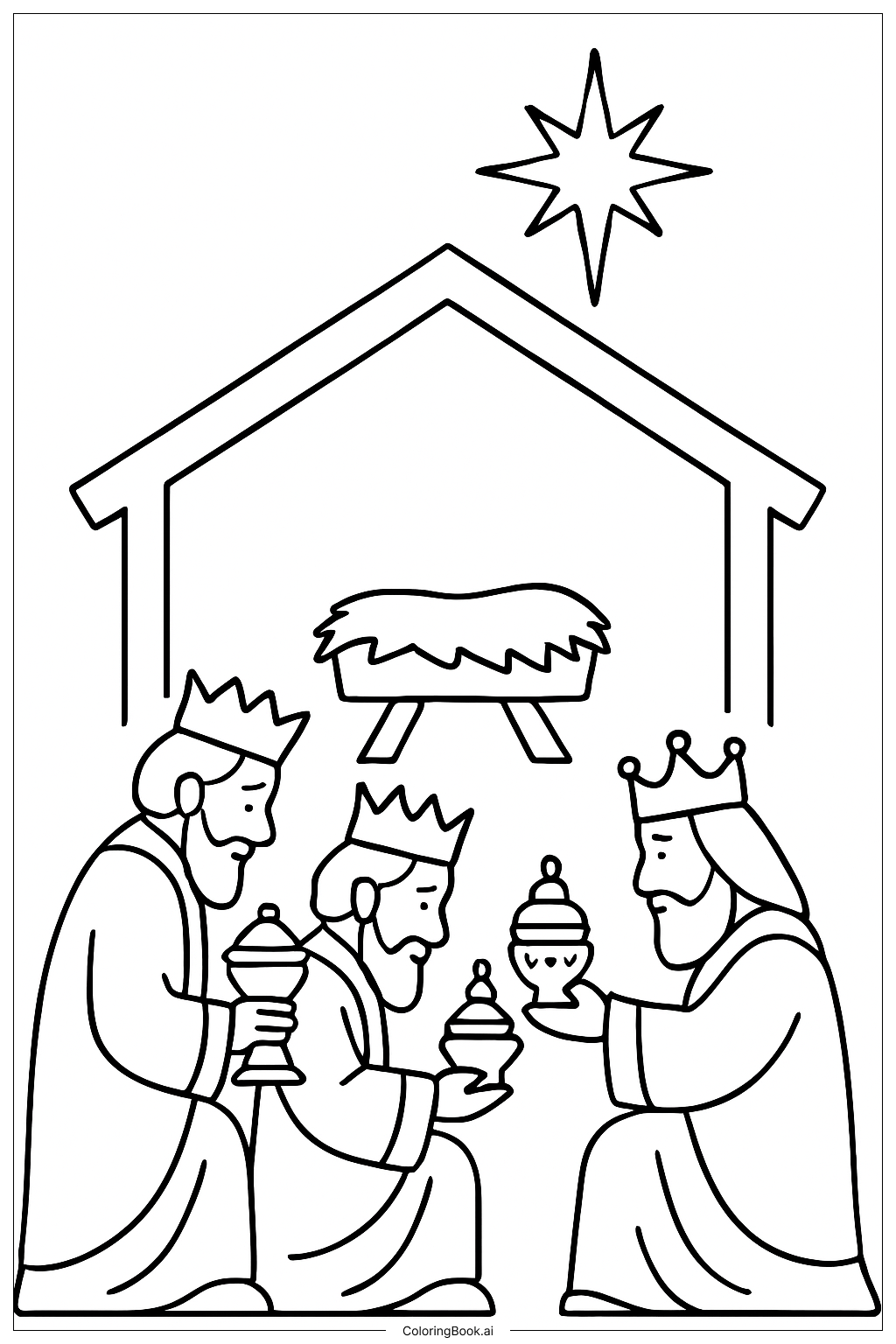 Three Kings Kneeling Before Manger Coloring Page