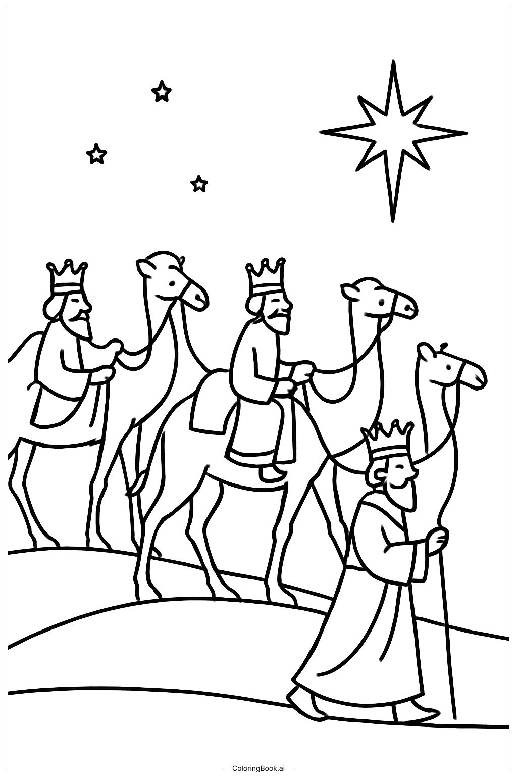 Three Kings Leading Camels At Night