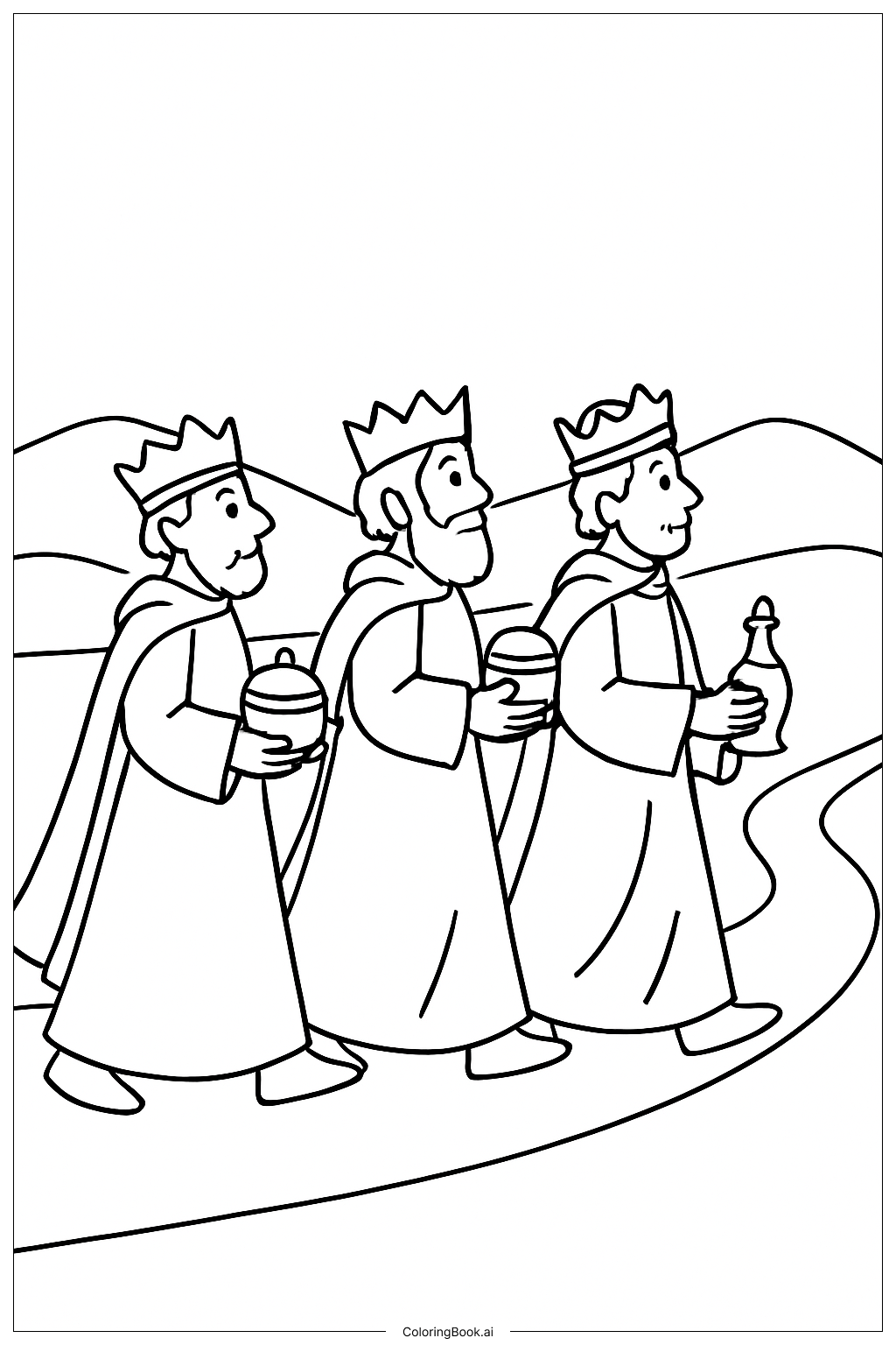 Three Kings On Journey Road Coloring Page