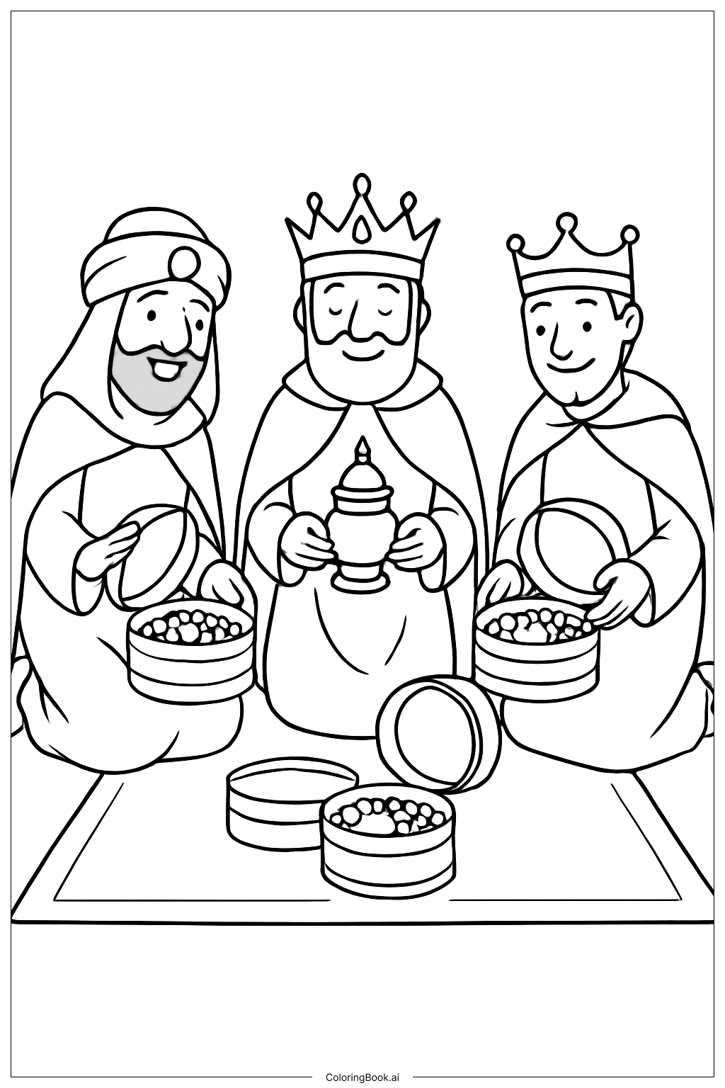 Three Kings Opening Treasure Boxes Coloring Page