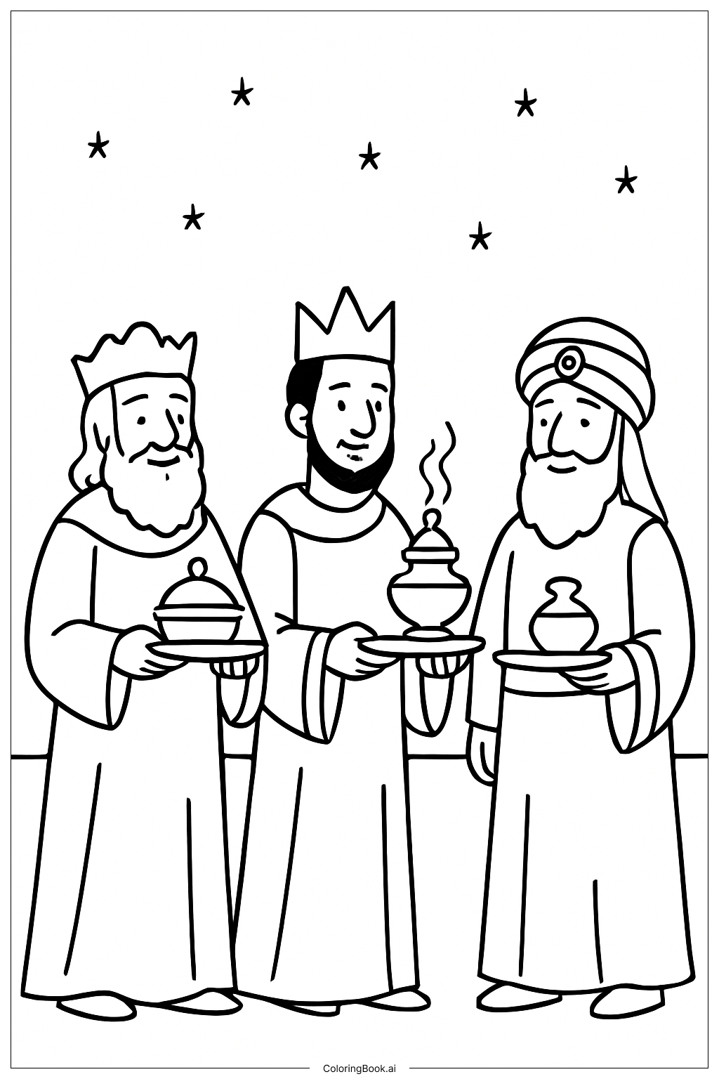 Three Kings Presenting Gold Frankincense Myrrh Coloring Page