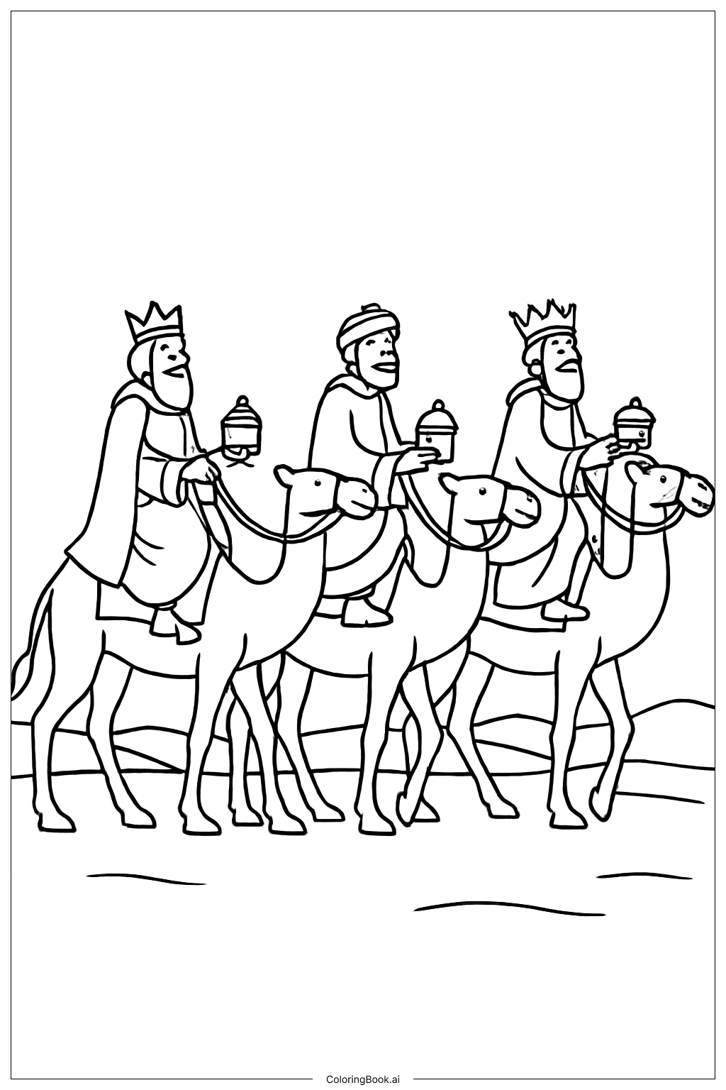 Three Kings Riding Through Desert Coloring Page