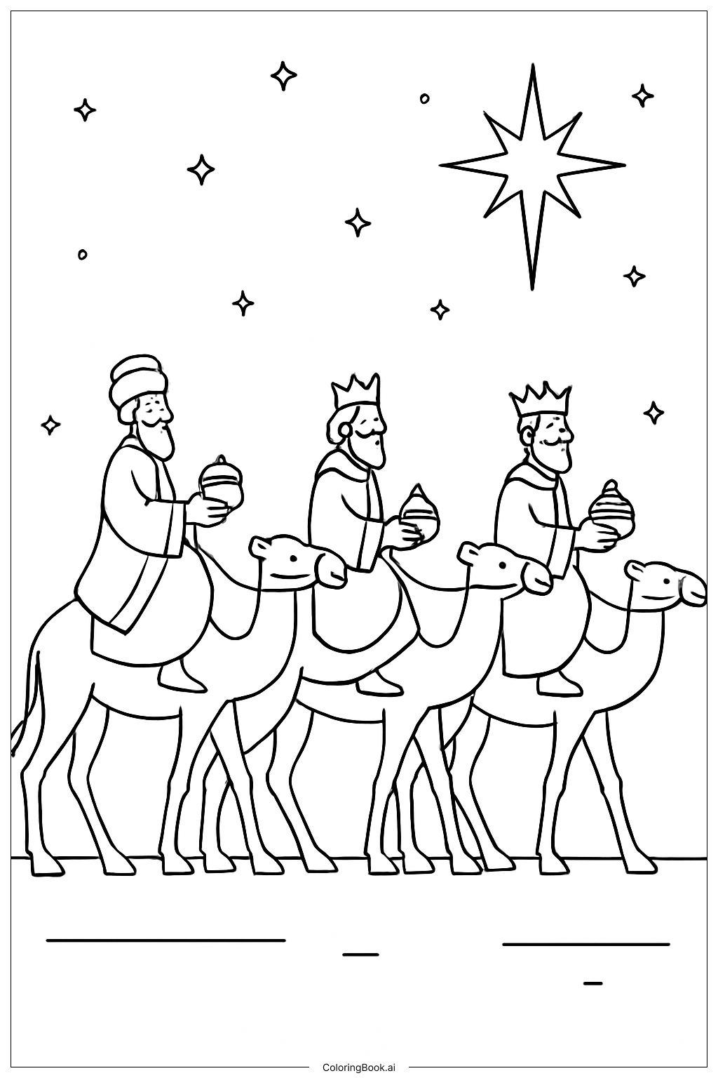 Three Kings With Camels And Star Coloring Page