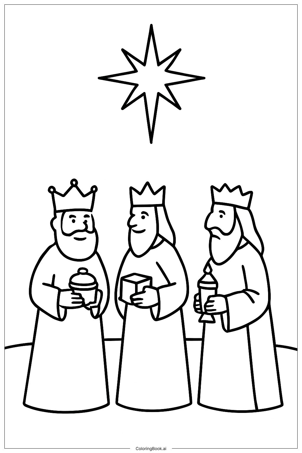 Three Kings With Guiding Star Above Coloring Page