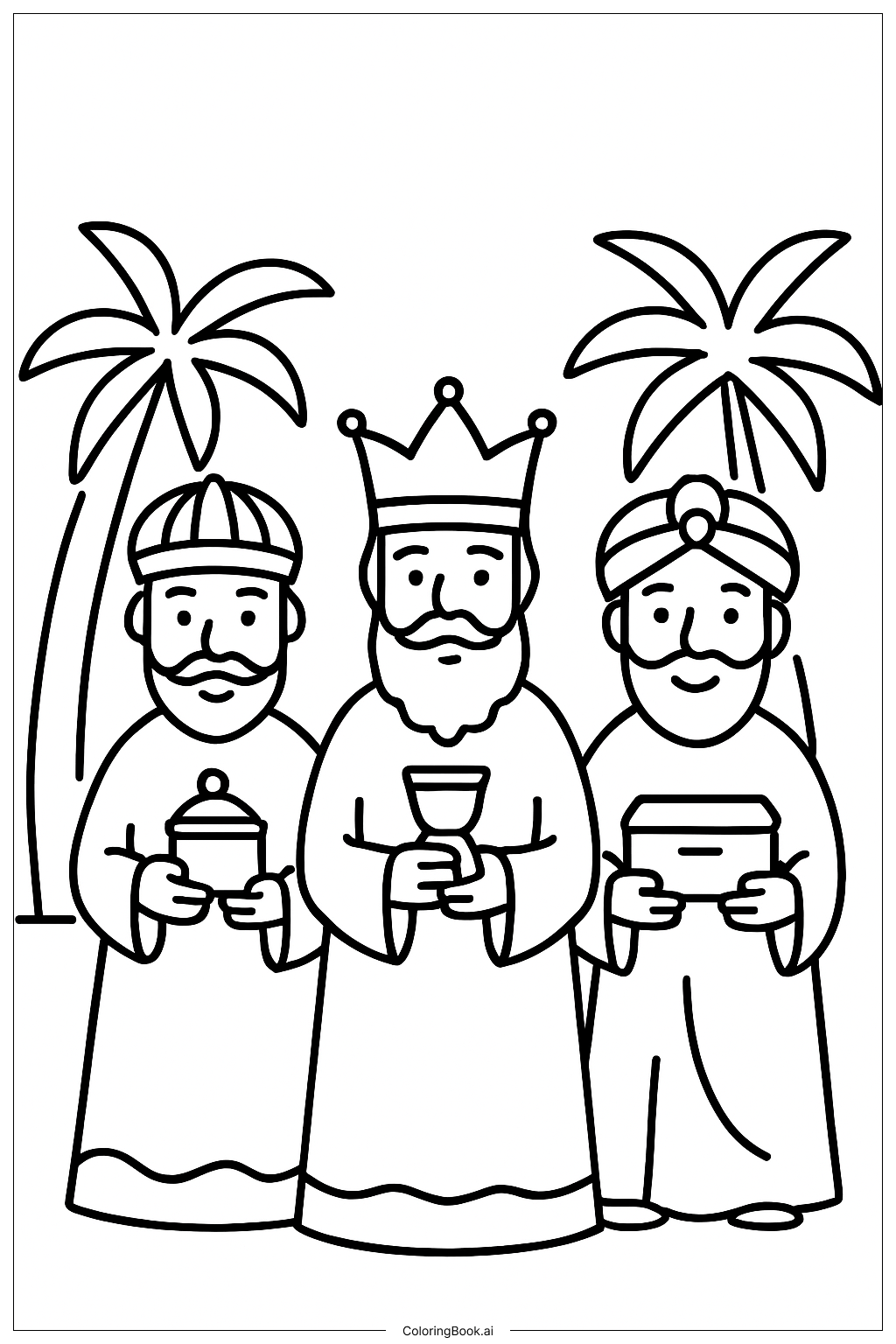 Three Kings With Simple Palm Trees Coloring Page