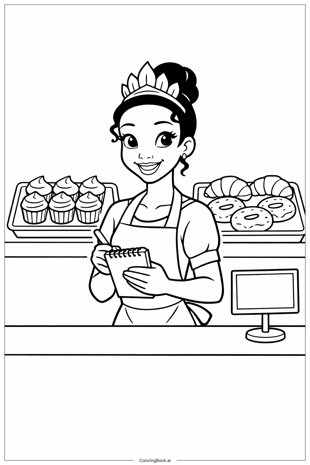  Page de coloriage Tiana à la Boulangerie 